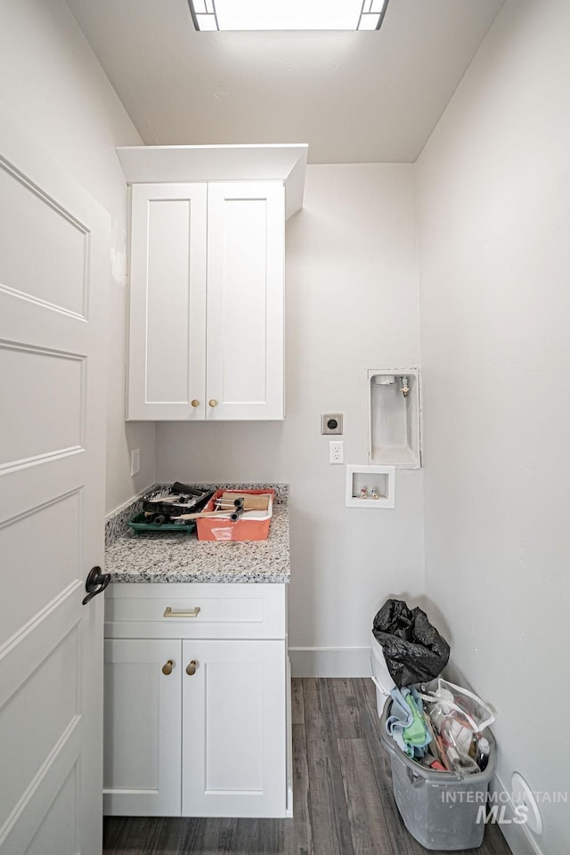 665 Emma Ct, Idaho Falls, ID 83404 - washroom with cabinet space, hookup for an electric dryer, dark wood-type flooring, hookup for a washing machine, and baseboards