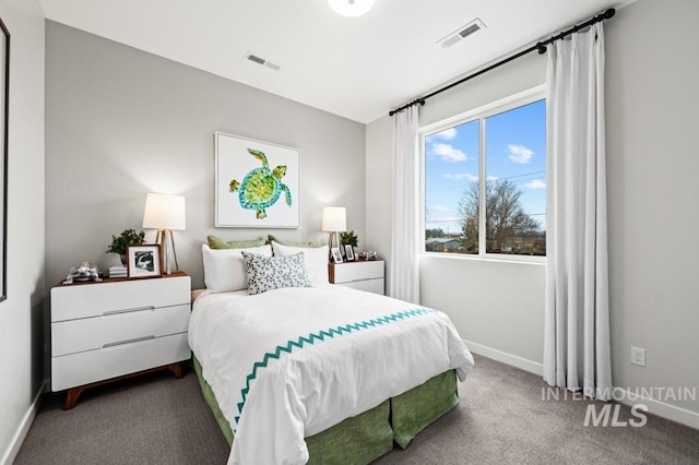 carpeted bedroom featuring visible vents and baseboards