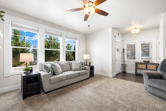 carpeted living area with a ceiling fan and baseboards