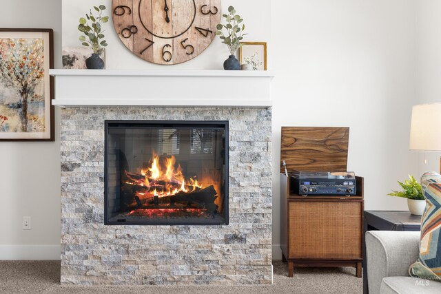 details featuring baseboards, carpet, and a glass covered fireplace