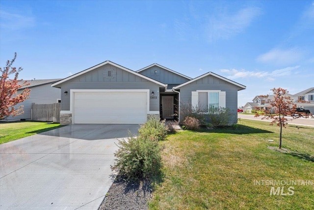 single story home featuring board and batten siding, an attached garage, driveway, and a front yard
