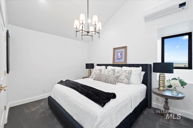 carpeted bedroom featuring lofted ceiling, a wall unit AC, baseboards, and an inviting chandelier