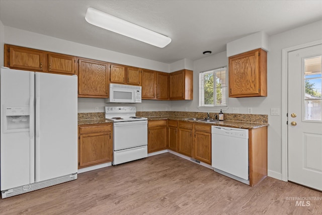 1420 S Denver, Boise, ID 83706 - kitchen with white appliances, brown cabinetry, a sink, and light wood finished floors