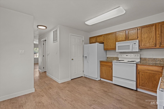 1420 S Denver, Boise, ID 83706 - kitchen with white appliances, brown cabinets, baseboards, and light wood-style floors