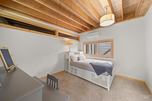 bedroom with a wall mounted AC, baseboards, and carpet