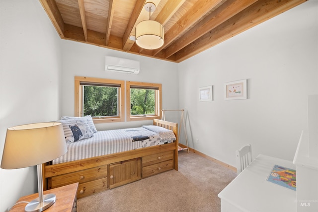 bedroom with a wall unit AC, wood ceiling, light carpet, and beam ceiling