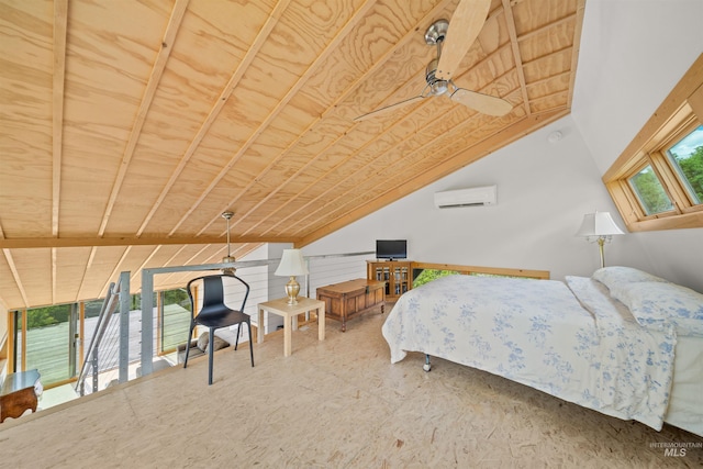 bedroom featuring a wall mounted AC and vaulted ceiling