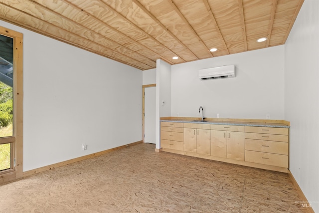 bar area with an AC wall unit, a sink, recessed lighting, baseboards, and wood ceiling