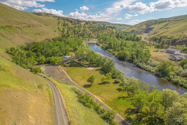 aerial overview of property's location featuring a water and mountain view