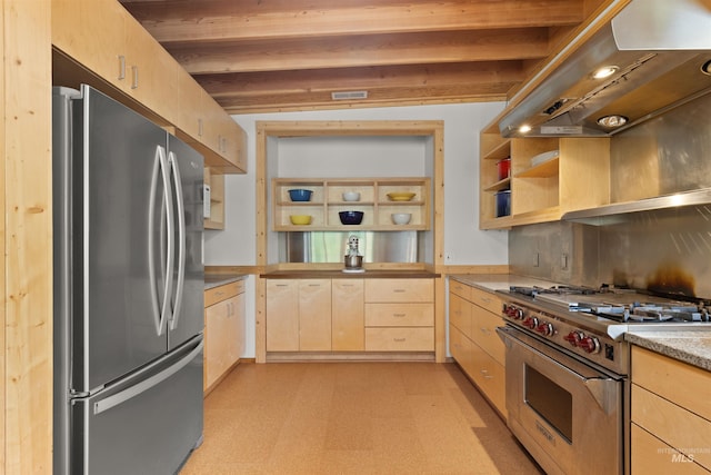 kitchen with appliances with stainless steel finishes, light brown cabinets, exhaust hood, and light countertops