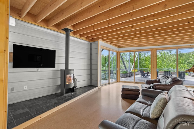 living area with a wood stove