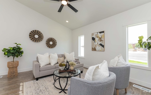 2117 Oxon St, Caldwell, ID 83605 - living room with healthy amount of natural light, light wood-style floors, ceiling fan, vaulted ceiling, and recessed lighting