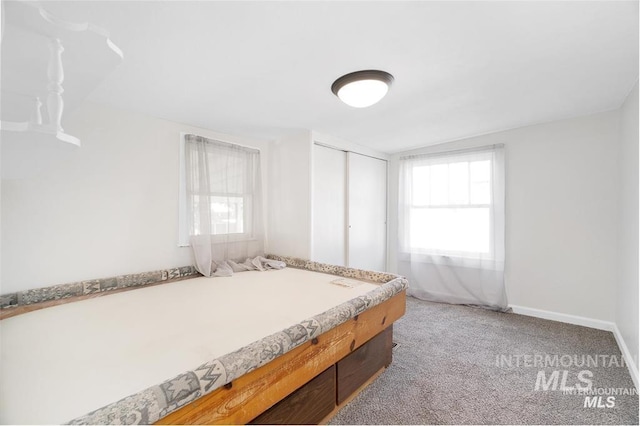 carpeted bedroom with vaulted ceiling and a closet