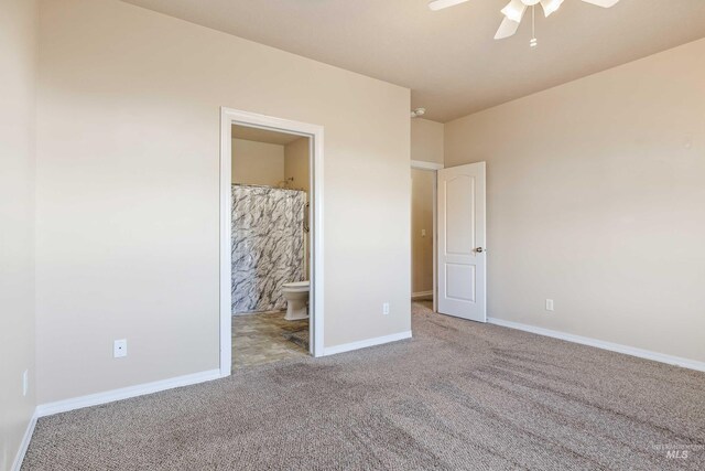 unfurnished bedroom featuring ensuite bath, light carpet, and ceiling fan