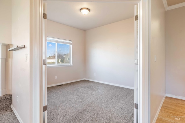 carpeted empty room featuring crown molding