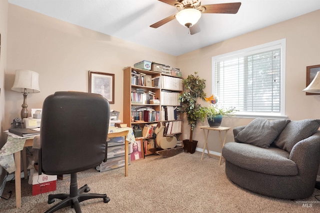 office space with carpet flooring and ceiling fan