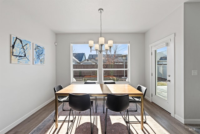 dining room featuring wood-type flooring and an inviting chandelier