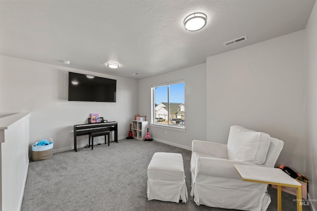 sitting room featuring light carpet and a textured ceiling