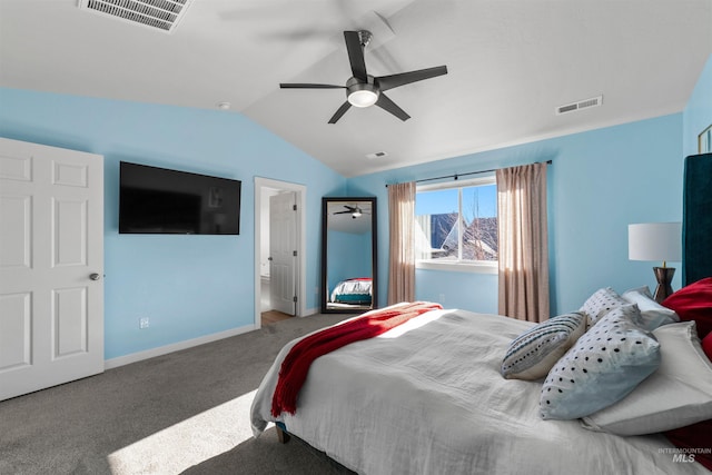 bedroom featuring ceiling fan, vaulted ceiling, and carpet