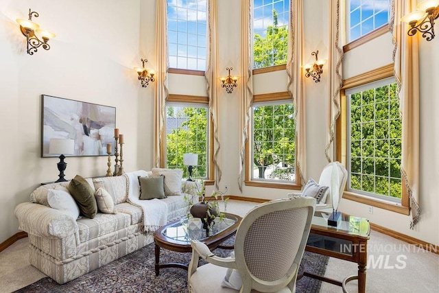 4553 N Arrow Crest Way, Boise, ID 83703 - carpeted living area with a towering ceiling, baseboards, and healthy amount of natural light