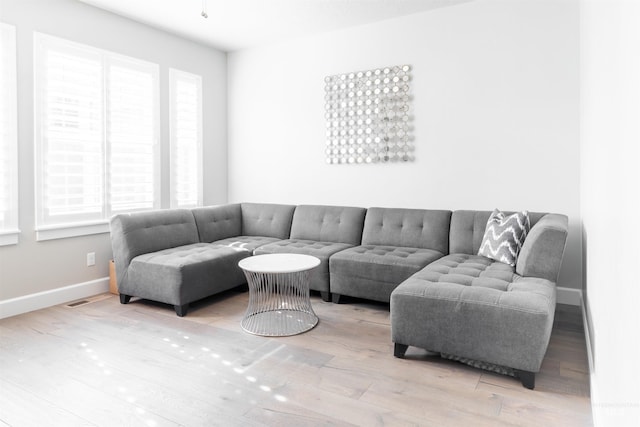 living area with baseboards, wood finished floors, and a healthy amount of sunlight