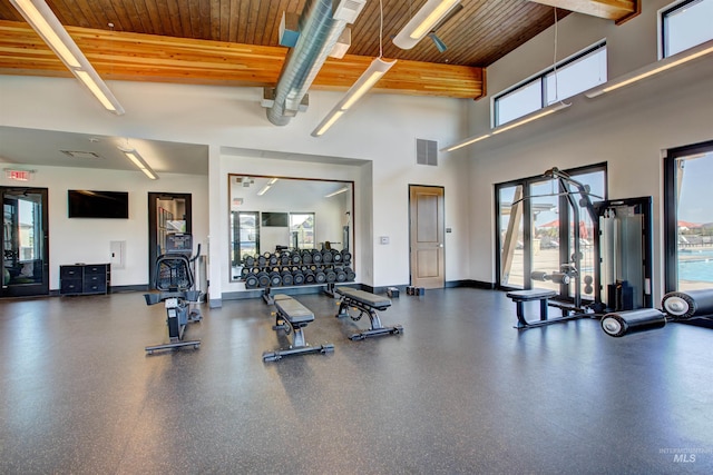 gym featuring wooden ceiling, visible vents, plenty of natural light, and baseboards