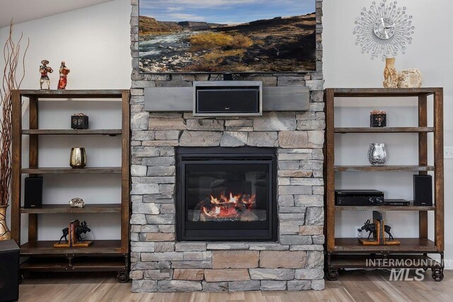 room details featuring a fireplace and wood-type flooring