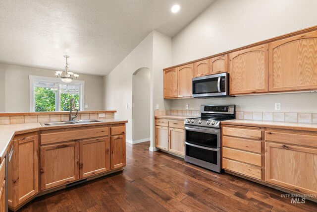 613 E Sable Ridge Dr, Kuna, ID 83634 - kitchen with appliances with stainless steel finishes, a sink, arched walkways, dark wood-type flooring, and light brown cabinetry