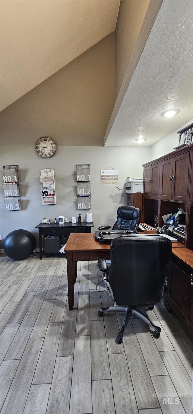 1122 N Roper Pl, Meridian, ID 83642 - office area featuring wood tiled floors, vaulted ceiling, and a textured ceiling