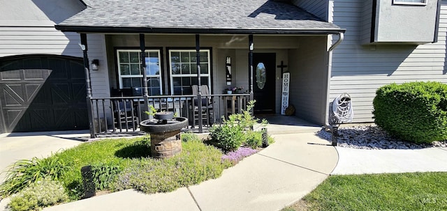 1122 N Roper Pl, Meridian, ID 83642 - view of exterior entry featuring a porch, roof with shingles, a garage, and driveway