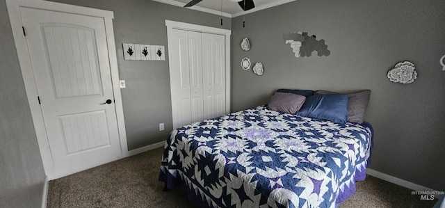 1122 N Roper Pl, Meridian, ID 83642 - carpeted bedroom with a closet, crown molding, a ceiling fan, and baseboards