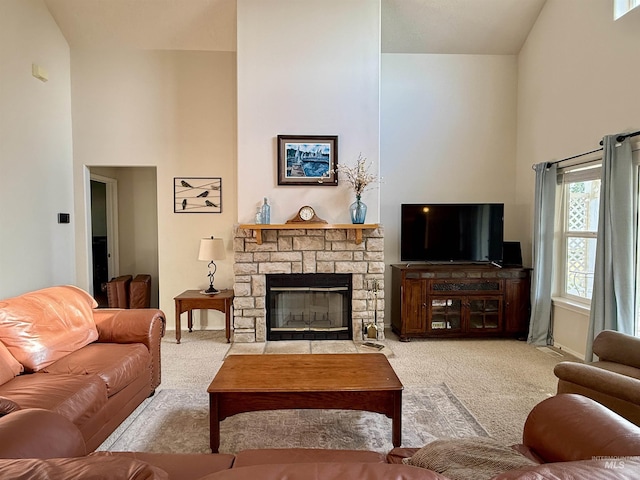 2361 N Pollard Ln, Star, ID 83669 - carpeted living room with a towering ceiling and a stone fireplace
