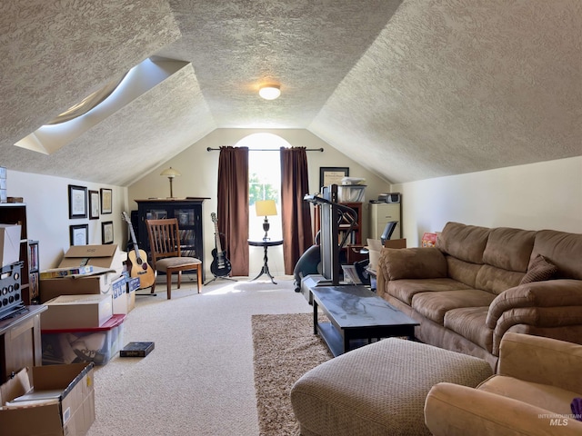2361 N Pollard Ln, Star, ID 83669 - living room with carpet, a textured ceiling, and lofted ceiling