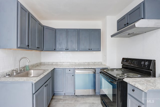 kitchen featuring light wood-style floors, electric range, under cabinet range hood, dishwasher, and a sink