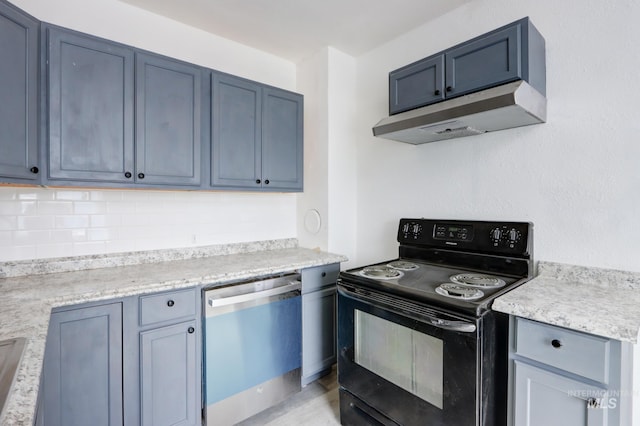 kitchen featuring black / electric stove, light countertops, backsplash, under cabinet range hood, and dishwasher