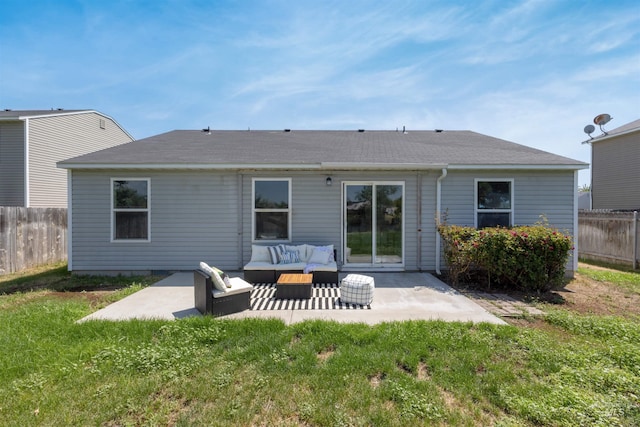 1045 S Arrowrock Ave, Middleton, ID 83644 - rear view of house with an outdoor hangout area, a patio, and a shingled roof