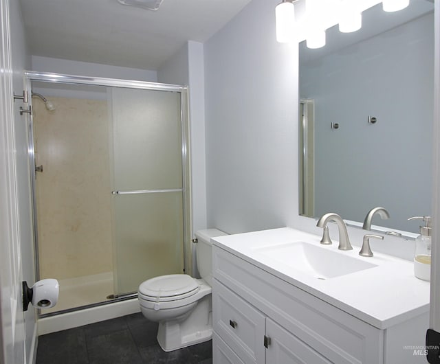 full bath featuring tile patterned floors, a shower stall, toilet, and a baseboard radiator