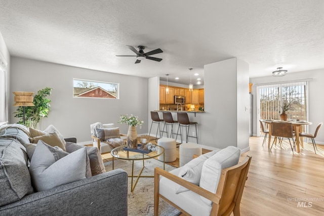 living room featuring a ceiling fan, baseboards, light wood-style floors, and a textured ceiling