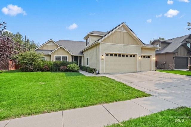 craftsman inspired home with a garage and a front yard