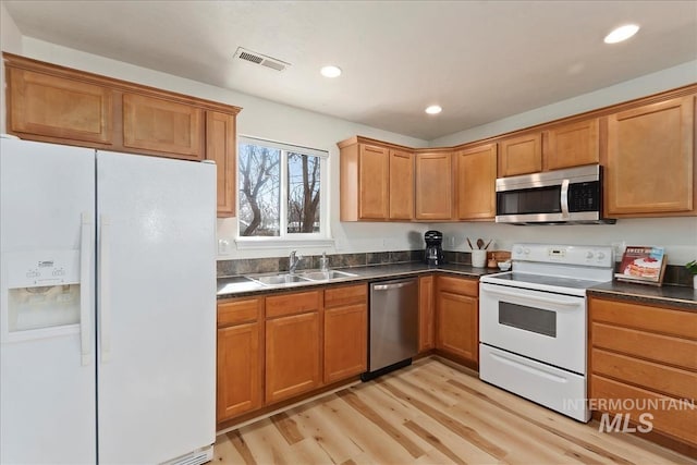 kitchen featuring visible vents, light wood-style flooring, a sink, dark countertops, and appliances with stainless steel finishes