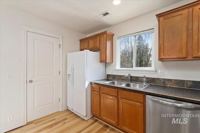 kitchen with dark countertops, visible vents, stainless steel dishwasher, brown cabinetry, and a sink