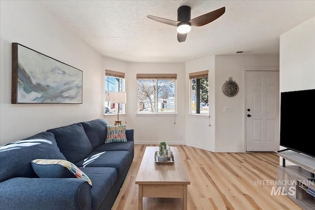 living area featuring light wood-type flooring, visible vents, a ceiling fan, a textured ceiling, and baseboards