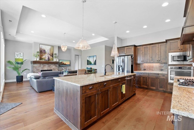 92 S Wildgrass Way, Star, ID 83669 - kitchen featuring appliances with stainless steel finishes, a sink, a tray ceiling, light wood finished floors, and recessed lighting