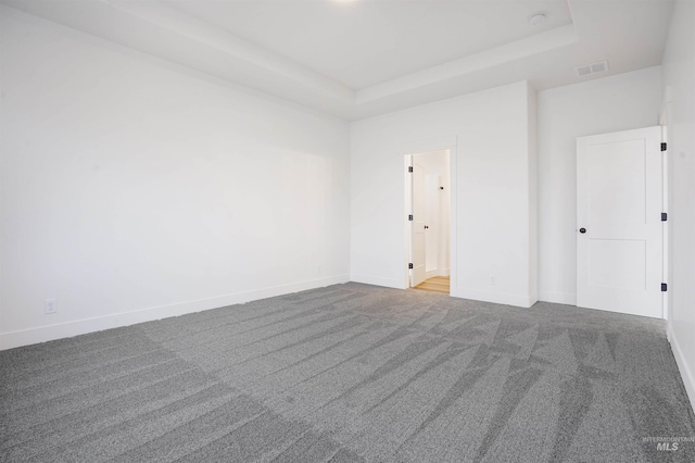 unfurnished room featuring carpet flooring and a raised ceiling