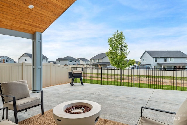 view of patio with a fenced backyard and a residential view