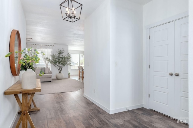 entryway featuring baseboards, a chandelier, and dark wood-type flooring