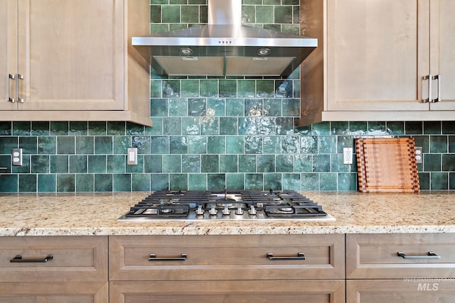 6071 S Pioneer Trail Way, Meridian, ID 83642 - kitchen featuring extractor fan, stainless steel gas stovetop, backsplash, and light stone countertops