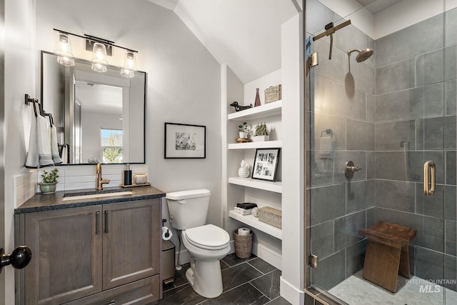 6071 S Pioneer Trail Way, Meridian, ID 83642 - full bath featuring vanity, a stall shower, lofted ceiling, and built in shelves