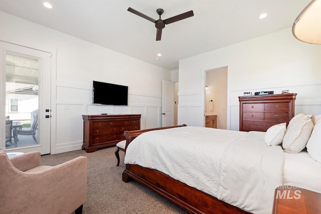 6706 Big Wood Way, Star, ID 83669 - bedroom featuring carpet, a decorative wall, access to exterior, connected bathroom, and a ceiling fan
