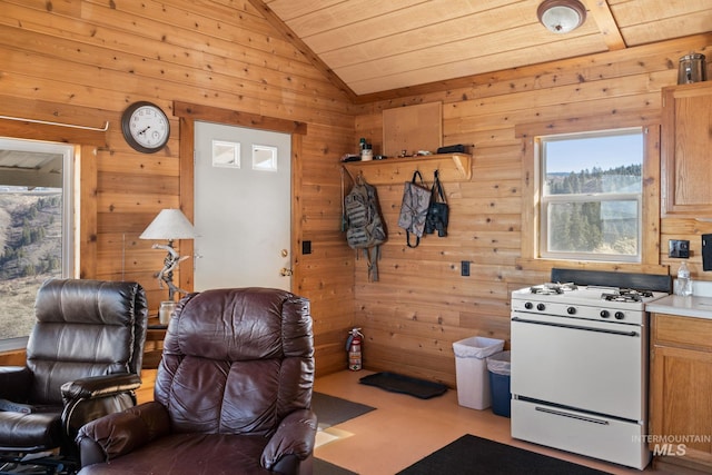 office area with wooden ceiling, vaulted ceiling, and wood walls